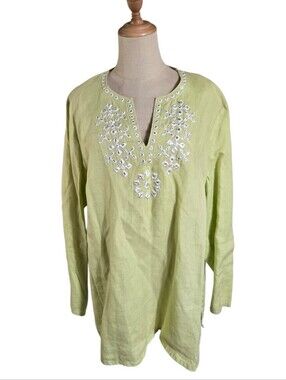Saint Tropez West Light Green Embroidered Linen  Tunic Top Plus Size
